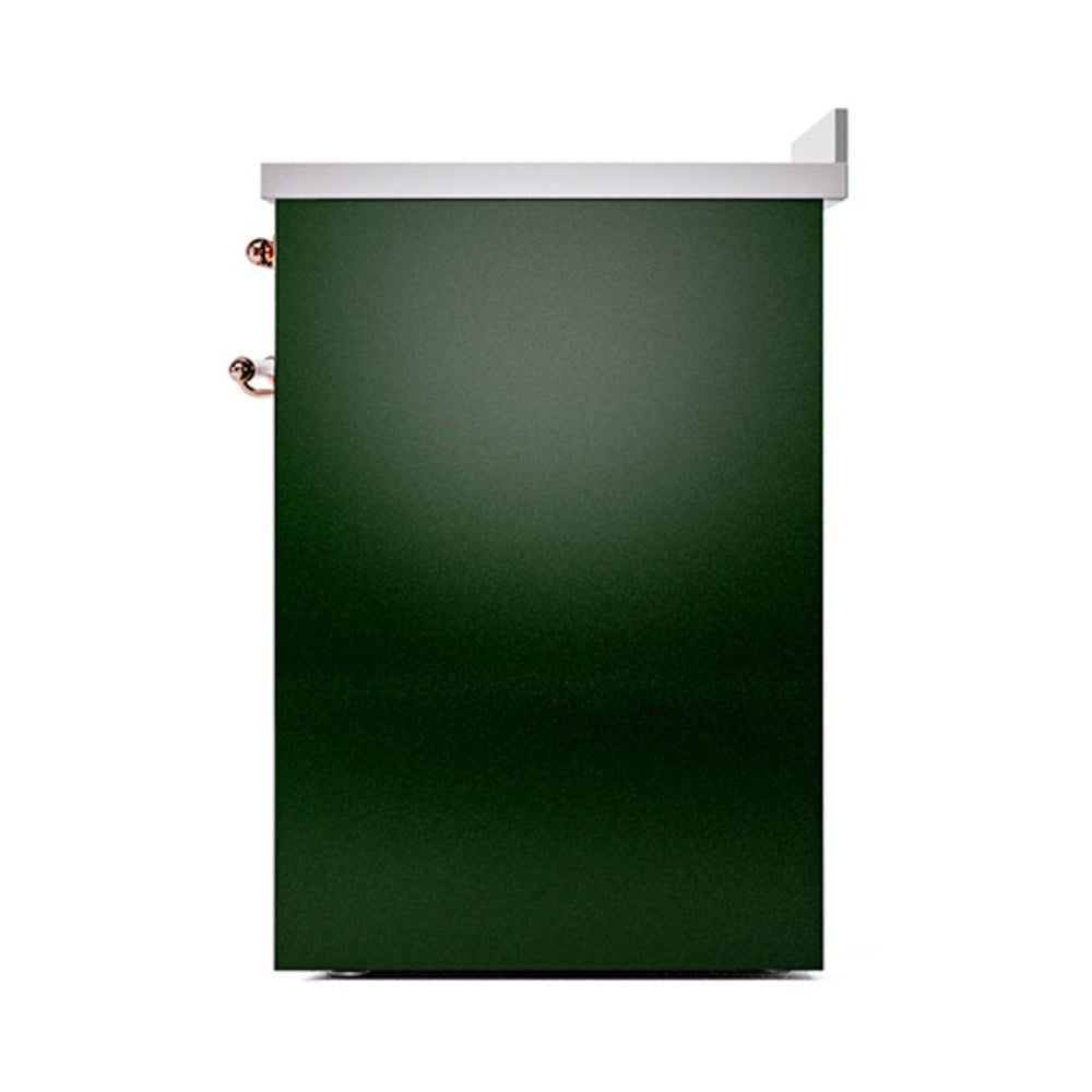 Emerald green solid oven door with copper-trim side hinges on induction range