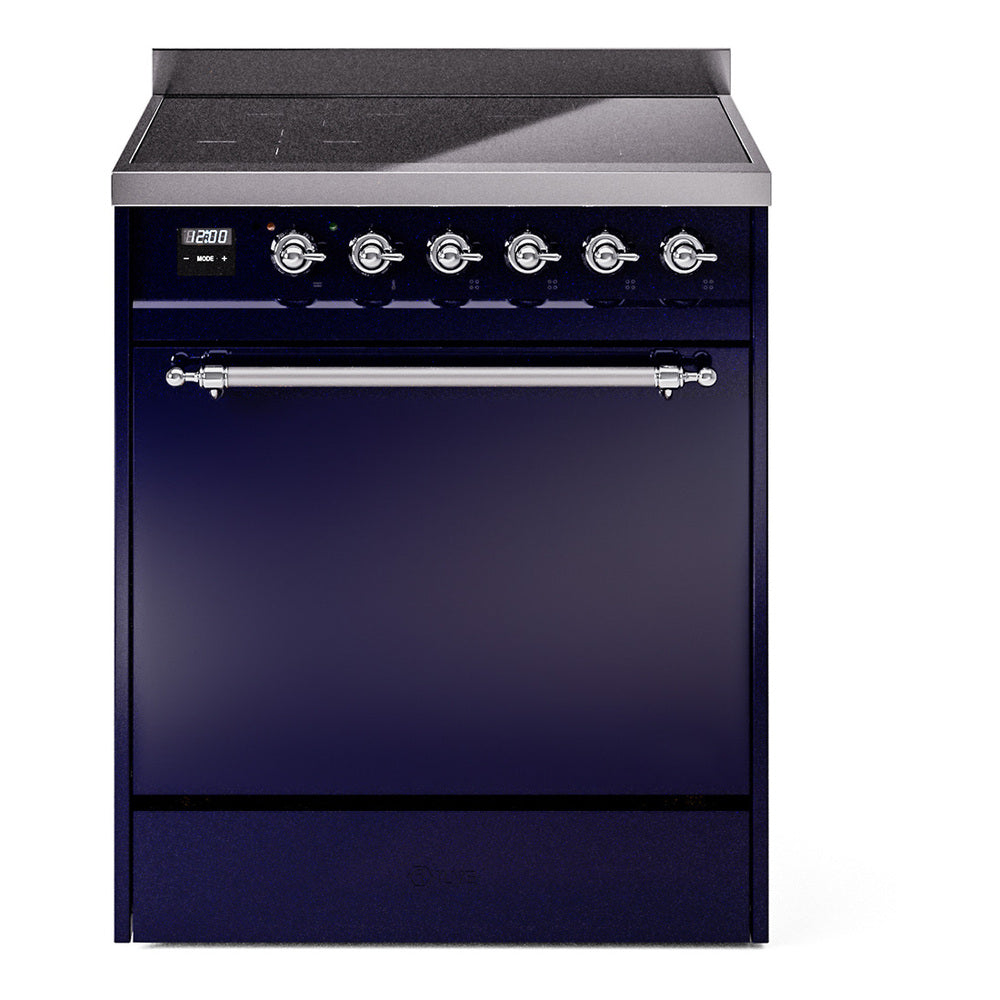 Midnight blue induction range front with control knobs and closed oven door