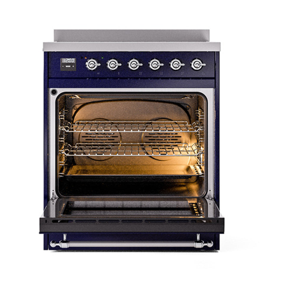 Midnight blue induction range with open solid door oven and wire oven racks