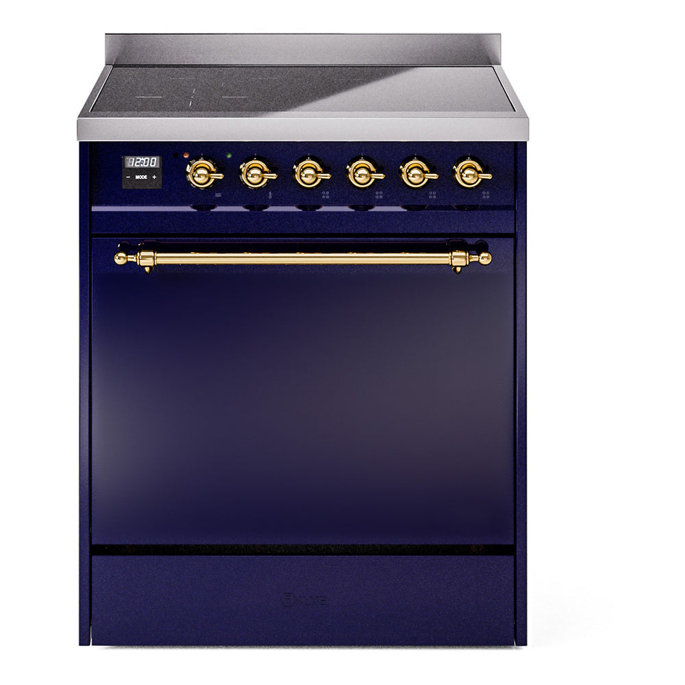 Midnight blue induction range front with brass control knobs and digital display