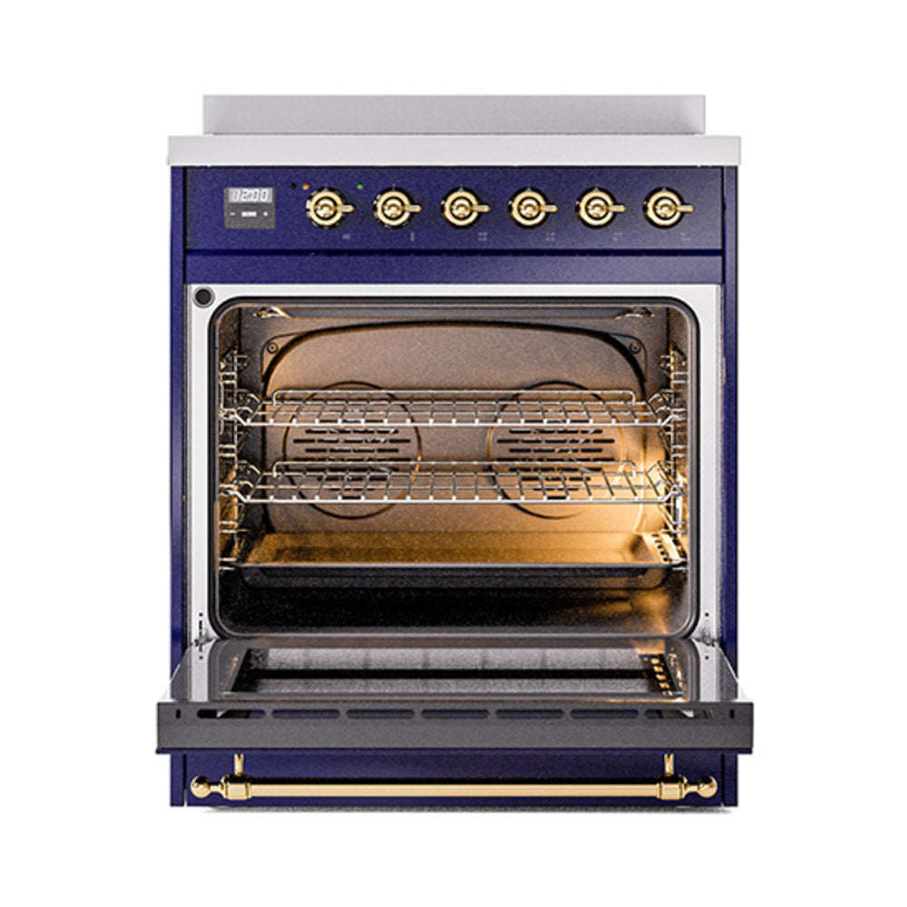 Open oven cavity of midnight blue range with wire racks and interior light