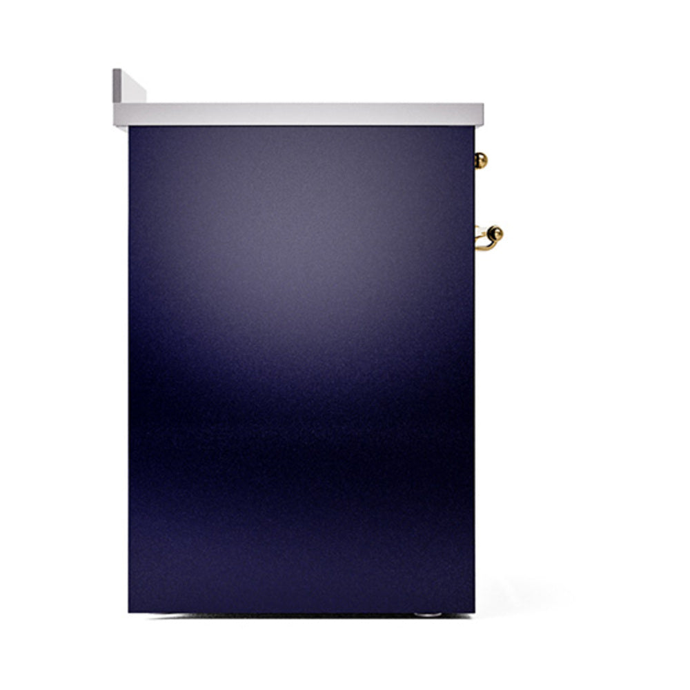 Midnight blue range oven door panel with brass handle knobs on right side