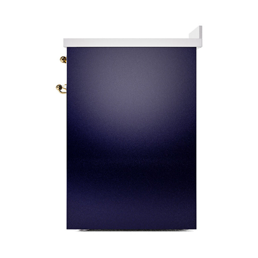 Midnight blue range oven door panel with two brass handle knobs and top trim