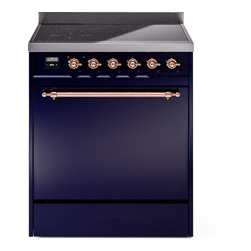 Midnight blue induction range with copper-trim control knobs and smooth front panel