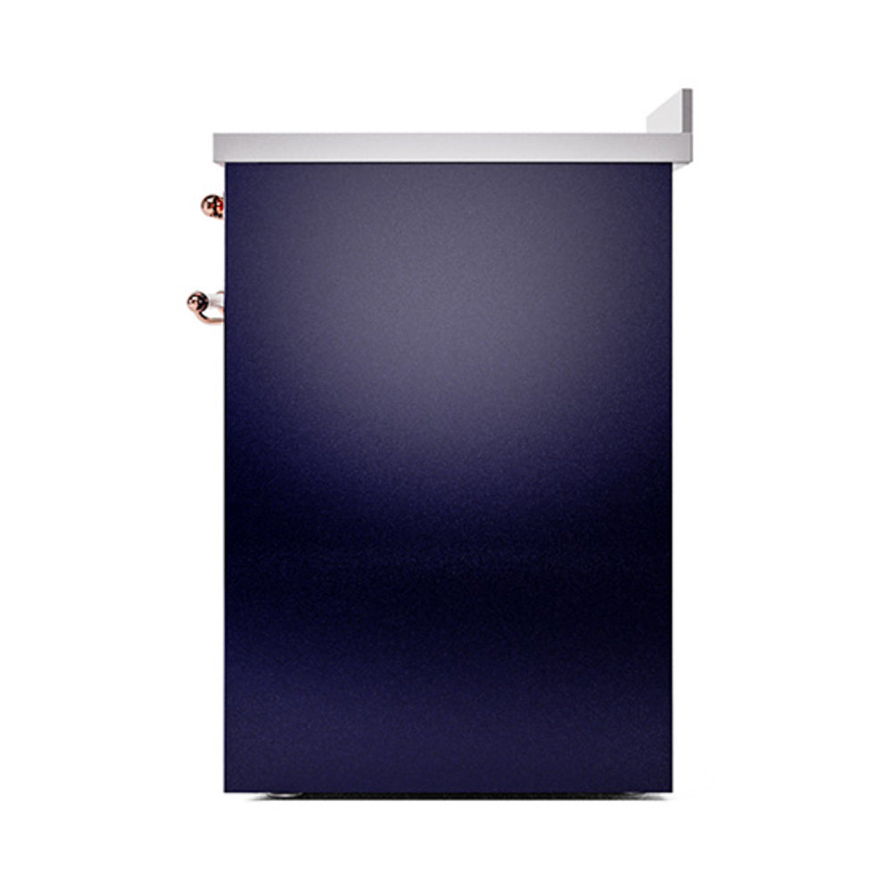 Midnight blue solid oven door with copper knobs on the side, built-in range