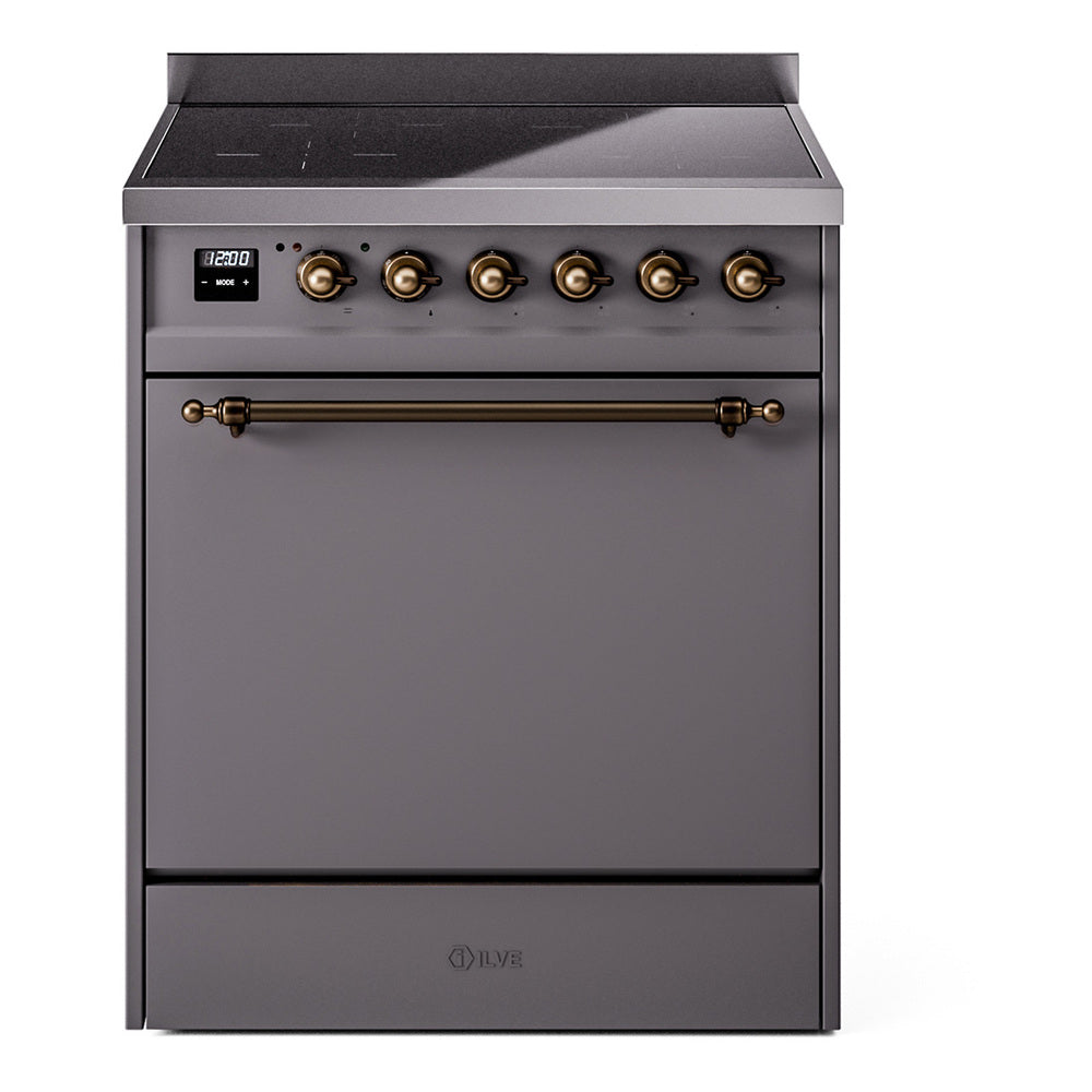 ILVE induction range front view with knob controls and solid oven door in matte graphite
