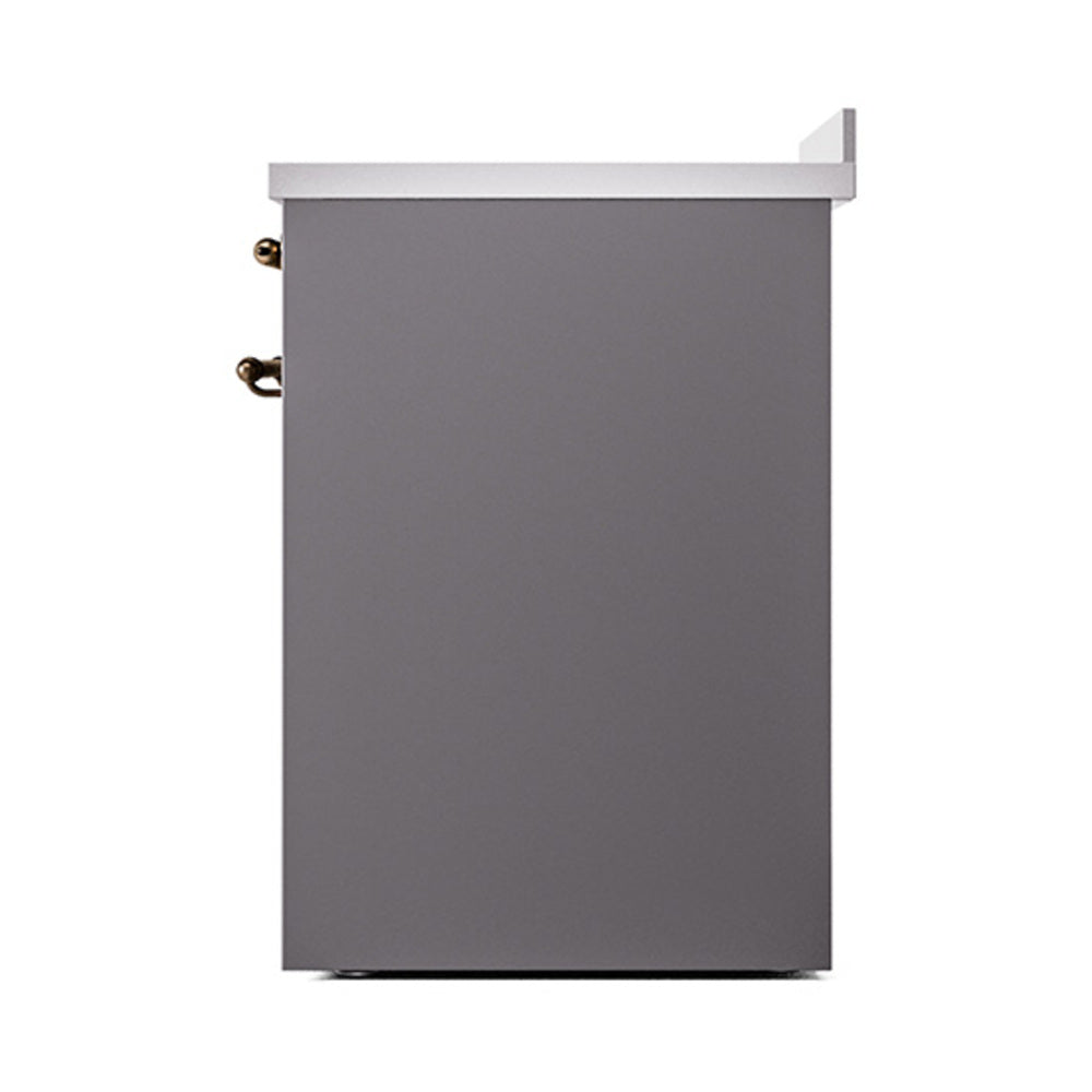 ILVE induction range oven body with matte graphite solid door and bronze handle hardware