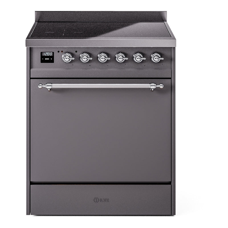 ILVE 30-Inch Nostalgie II Induction Range with Solid Door Oven in Matte Graphite with Chrome Trim (UPI304QNMPMGC)