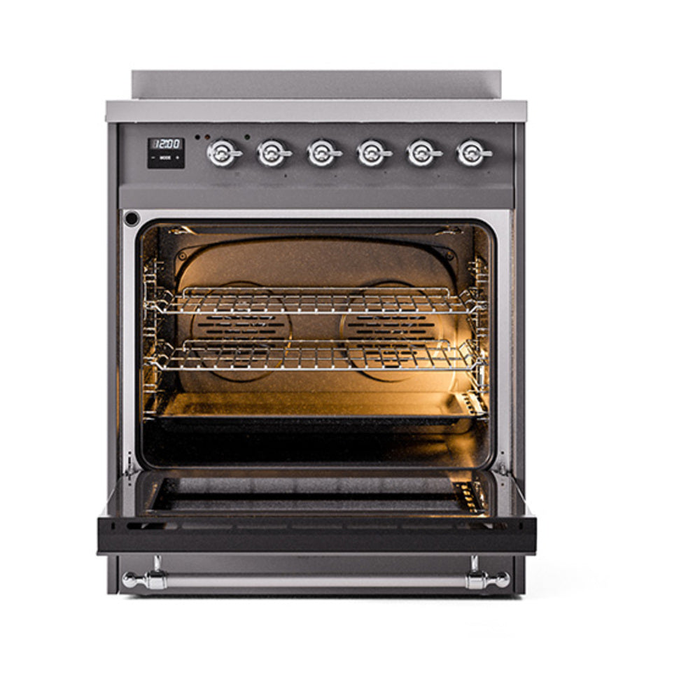 Matte graphite oven with open door, visible racks, and heating elements