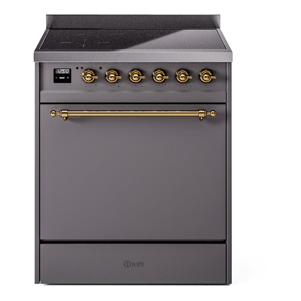 Matte graphite induction range with brass trim knobs and solid oven door