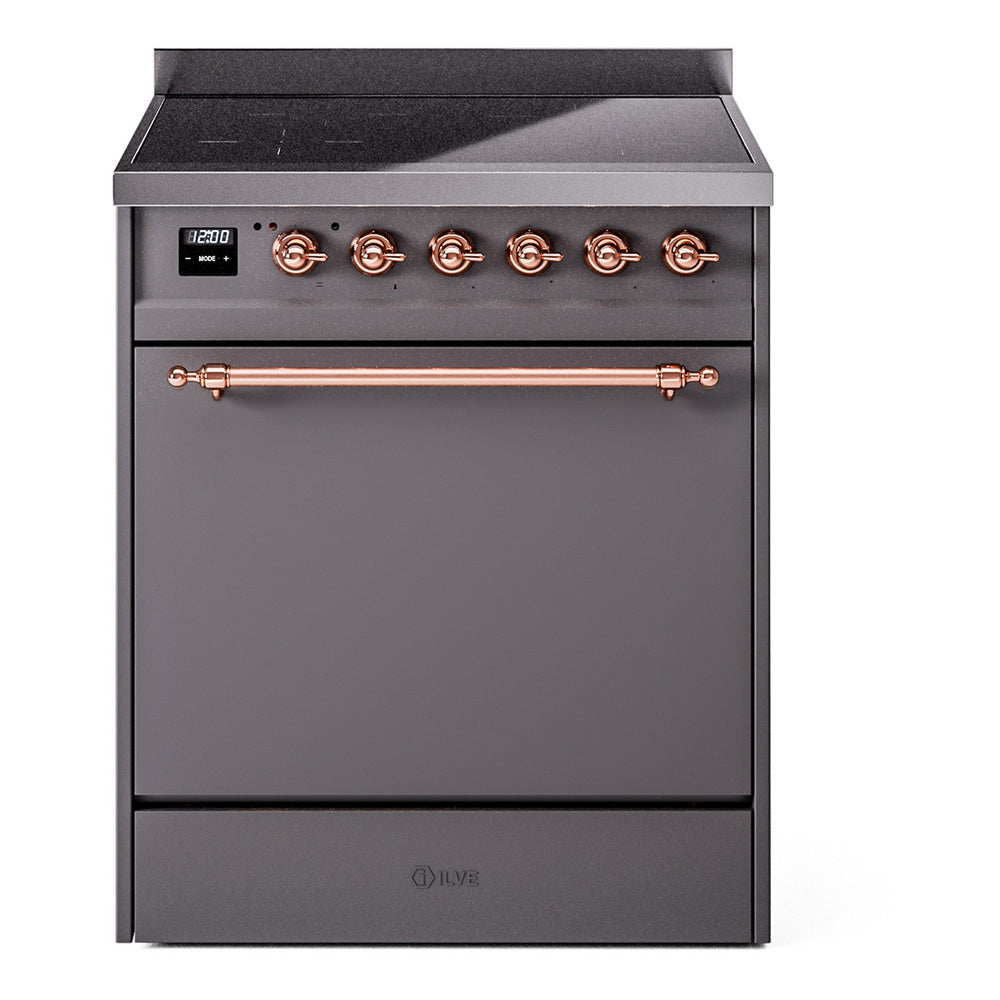 Matte graphite induction range with solid door oven and copper control knobs