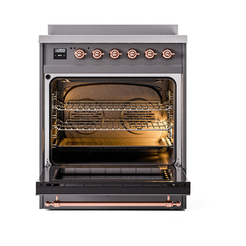 ILVE 30-Inch Nostalgie II Induction Range with Solid Door Oven in Matte Graphite with Copper Trim (UPI304QNMPMGP)