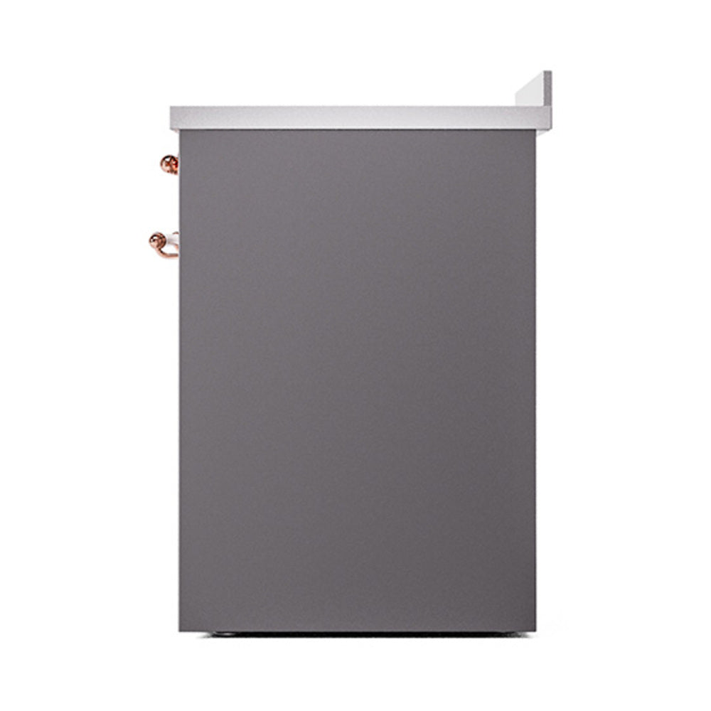 Matte graphite oven cabinet with copper-trim side handles and stainless top