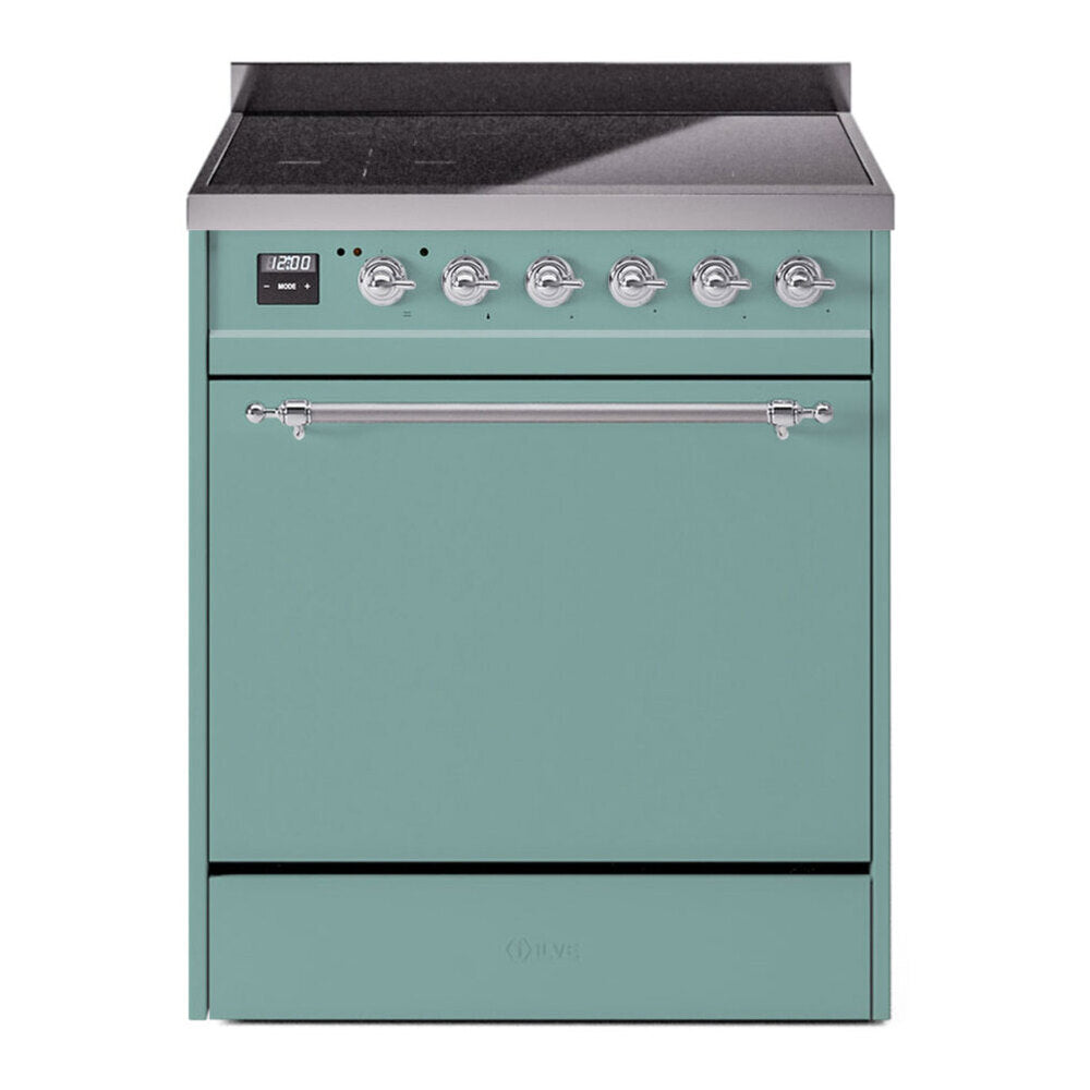 ILVE 30-Inch Nostalgie II Induction Range with Solid Door Oven in Mediterranean Mint with Chrome Trim (UPI304QNMPMMC)