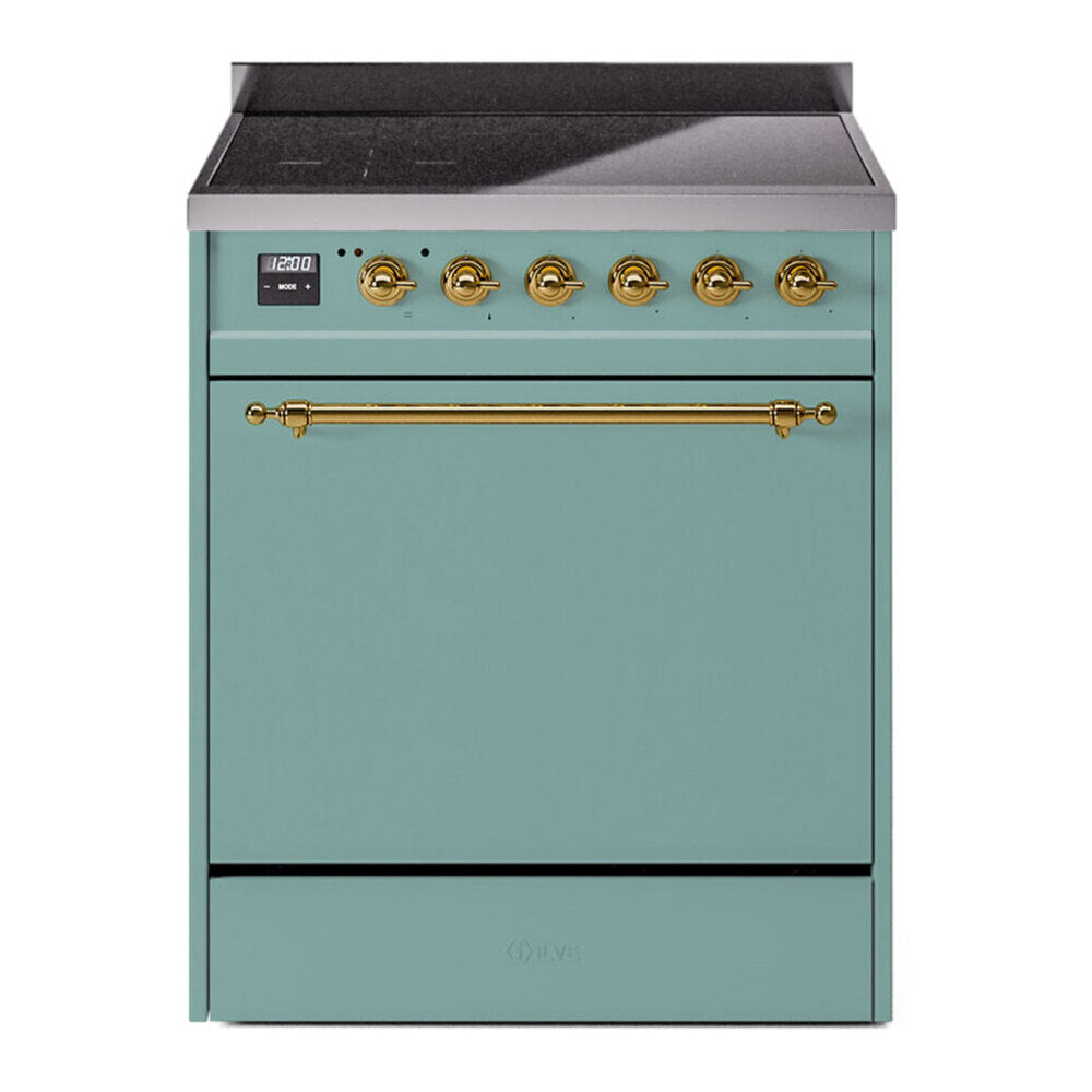 ILVE 30-Inch Nostalgie II Induction Range with Solid Door Oven in Mediterranean Mint with Brass Trim (UPI304QNMPMMG)