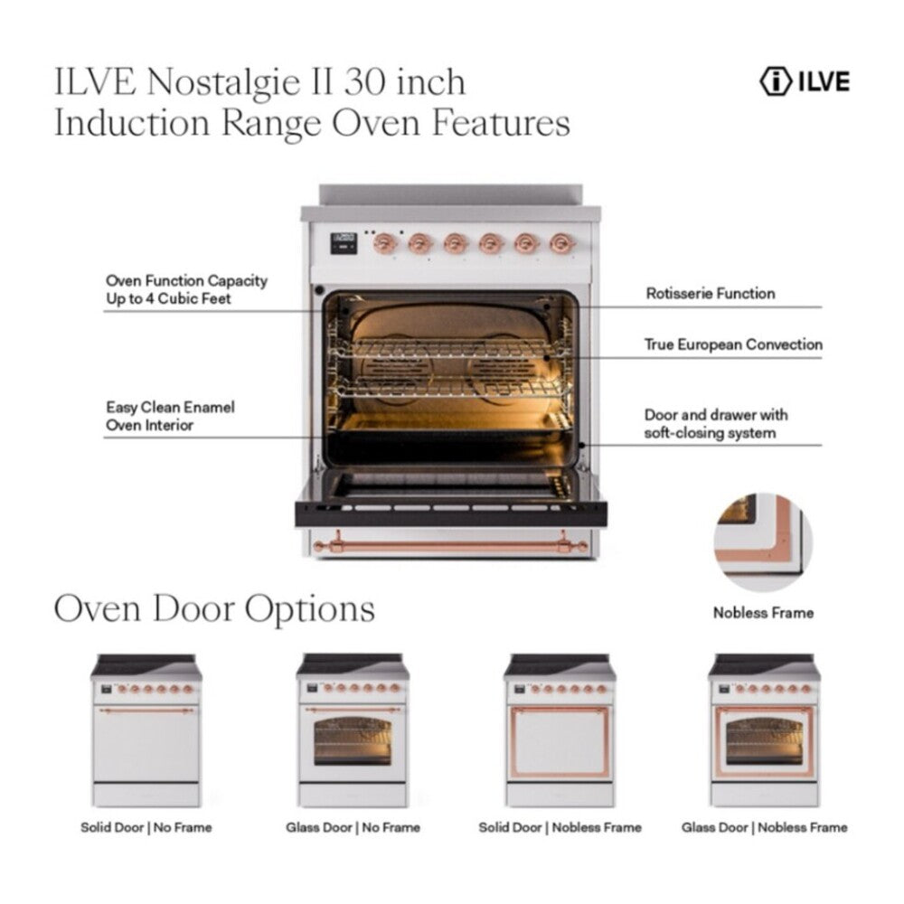 ILVE 30-Inch Nostalgie II Induction Range with Solid Door Oven in Mediterranean Mint with Copper Trim (UPI304QNMPMMP)