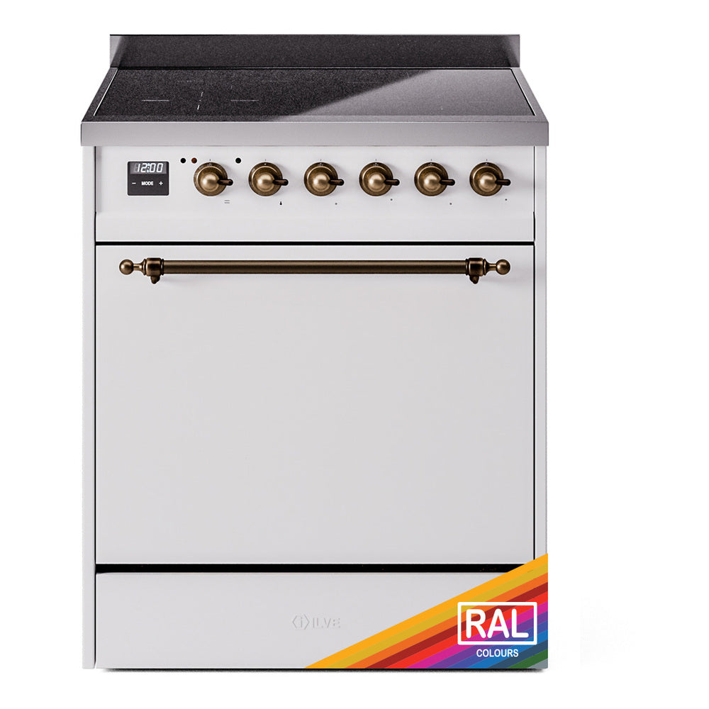Bronze-trim induction range front with round burner knobs and closed oven door, white body