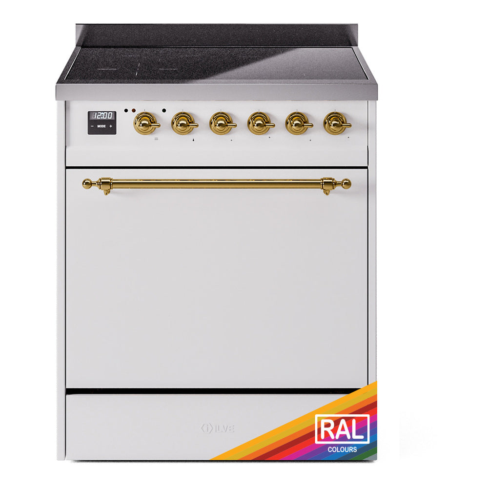 Induction range with closed oven door, brass rail handle, and control knobs