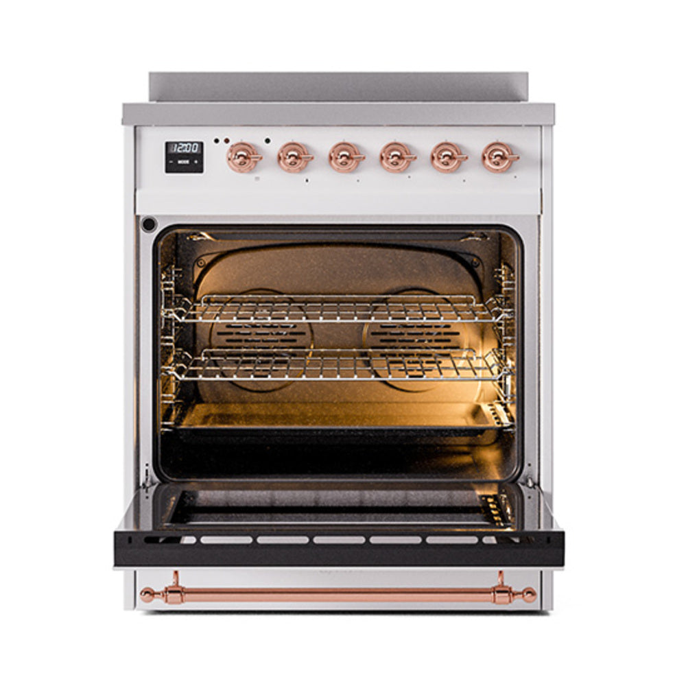 Induction range with open oven door, copper-trimmed controls and wire rack inside