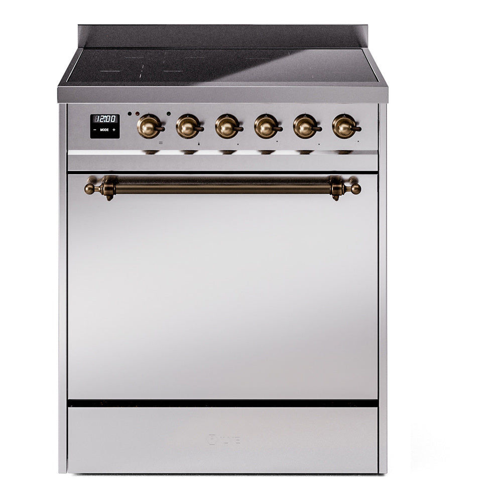 Stainless steel induction range with bronze knobs and oven handle, front view
