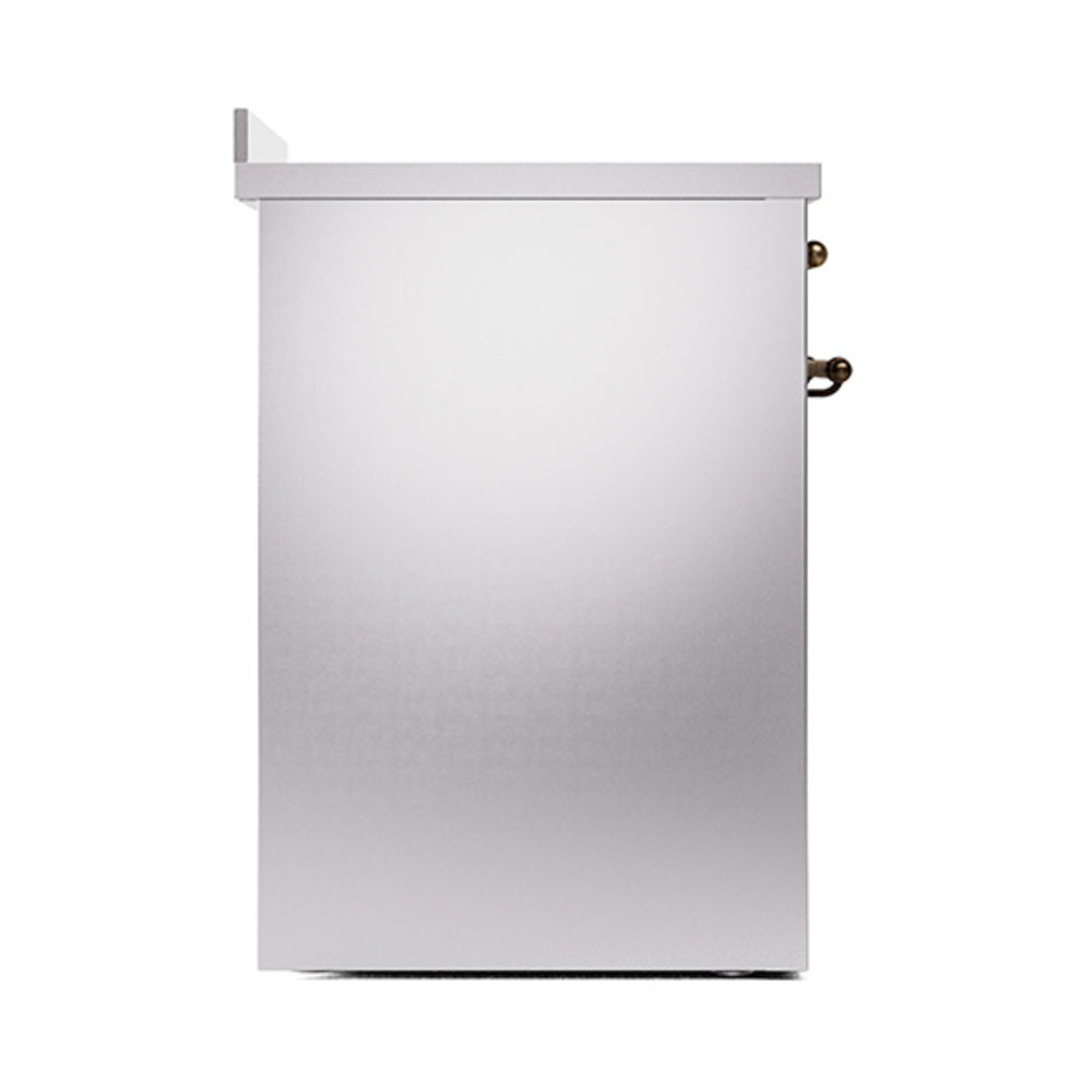Stainless steel oven with bronze-colored hinges, side profile view