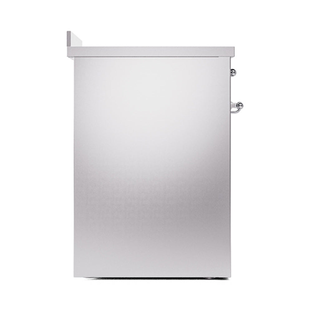 Stainless steel range side panel with chrome control knobs and top trim