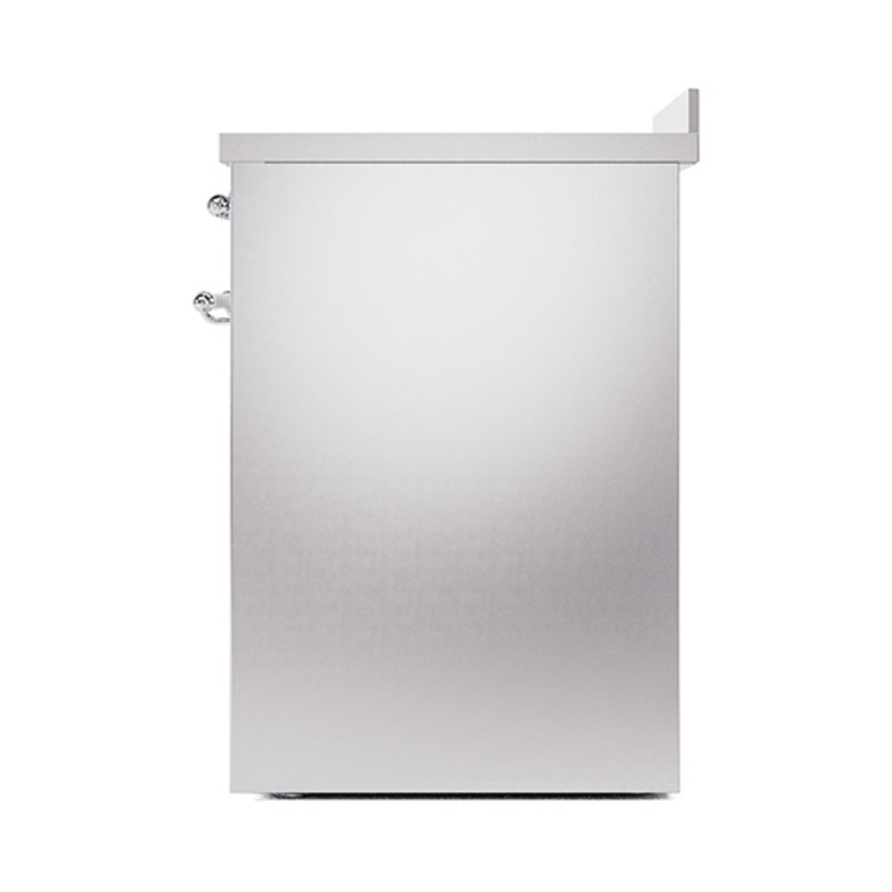 Stainless steel range side panel with top trim and chrome mounting knobs