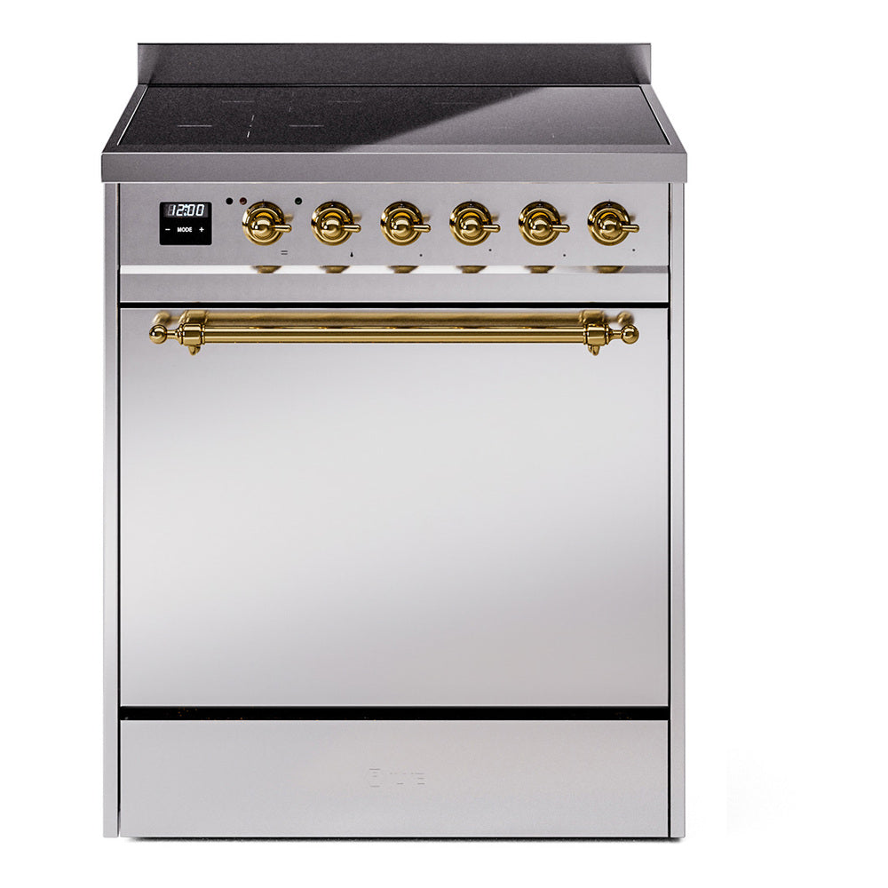Stainless induction range with brass control knobs and long oven door handle