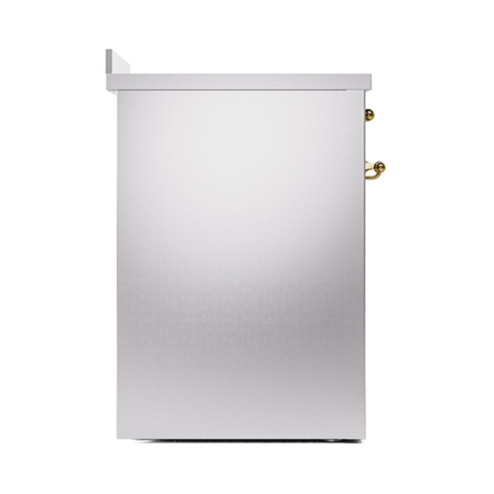 Stainless solid oven door with brass trim hinges, closed