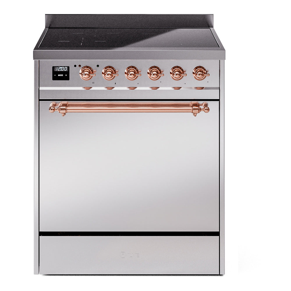 Stainless steel induction range with control knobs and copper trim, closed oven door