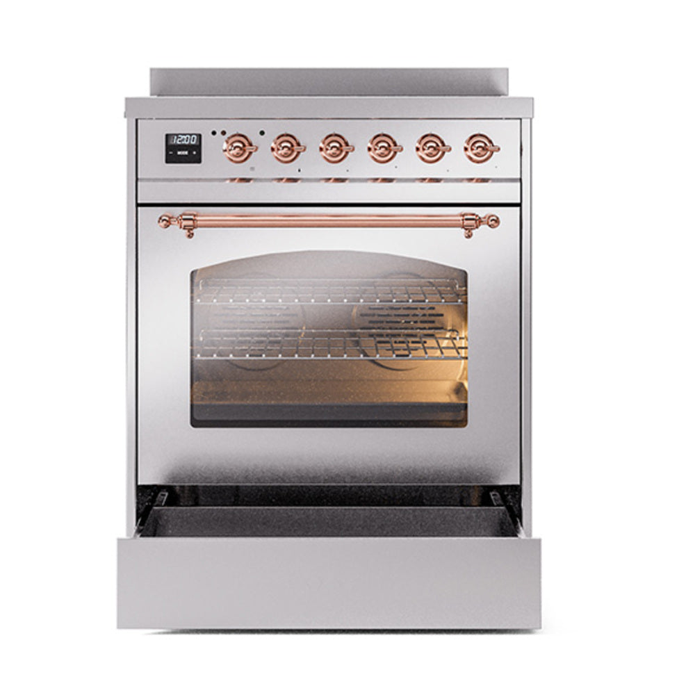 Stainless steel induction range with solid door oven, open oven door with interior view