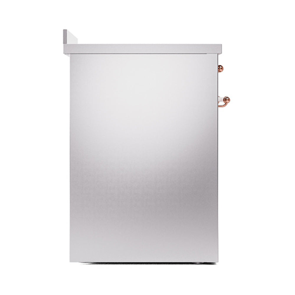 Stainless steel oven door side view with copper trim and knob detailing