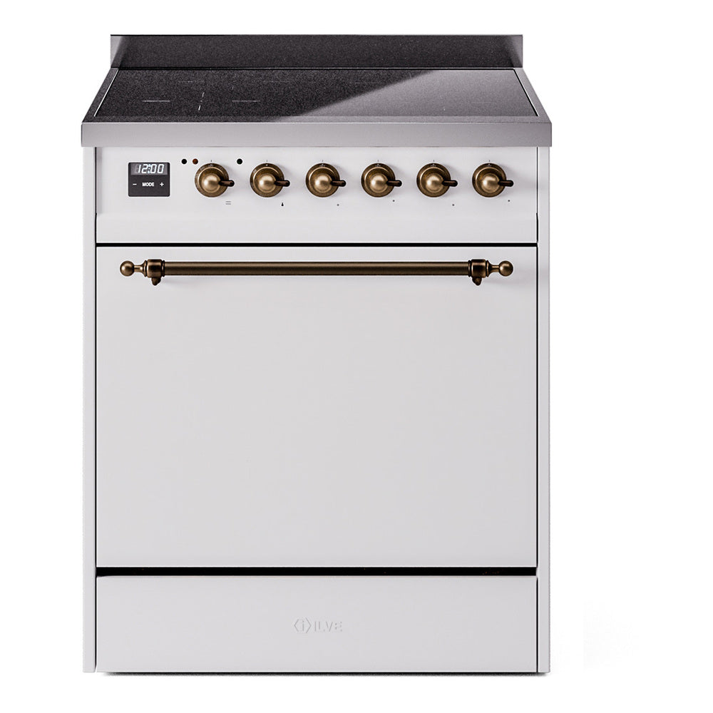 White induction range with front oven door and warming drawer panel below