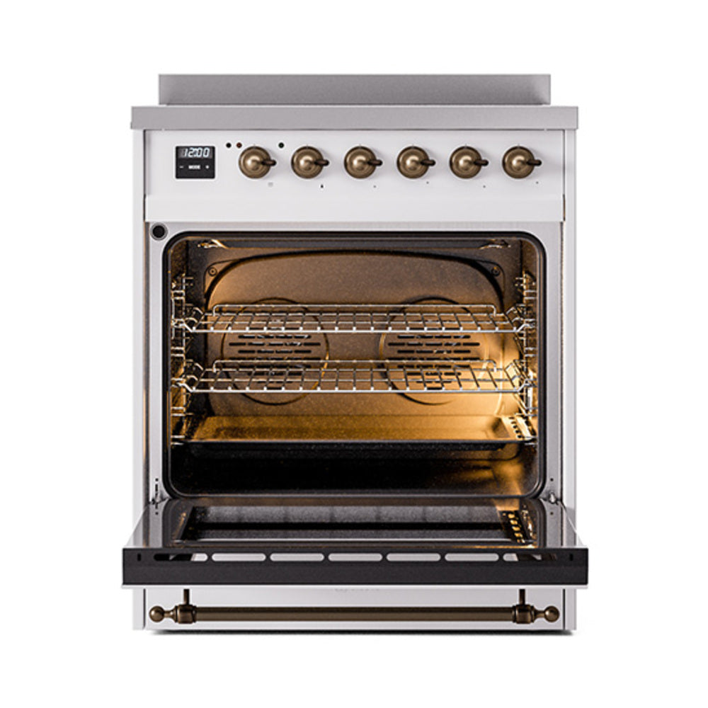 White induction range with open bronze-trim oven door and interior racks