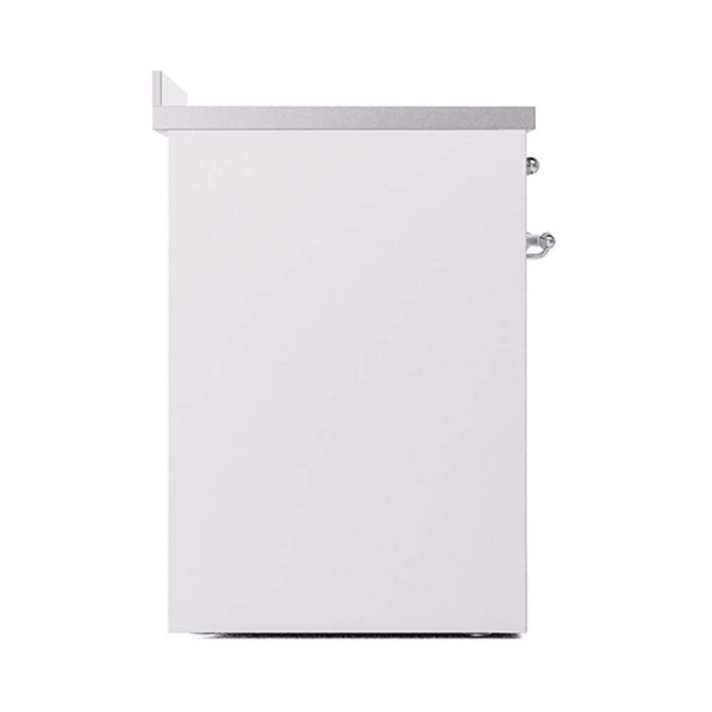 White induction range with solid oven door and chrome handle, side view