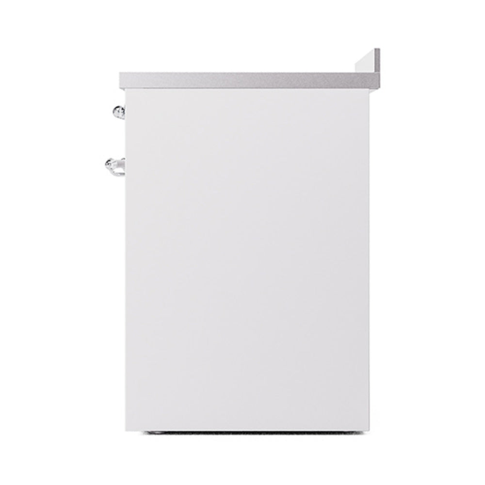 White induction range with solid oven door and chrome handle, side view