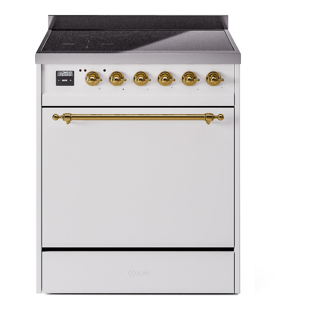 30-inch induction range front view with closed solid oven door and brass trim
