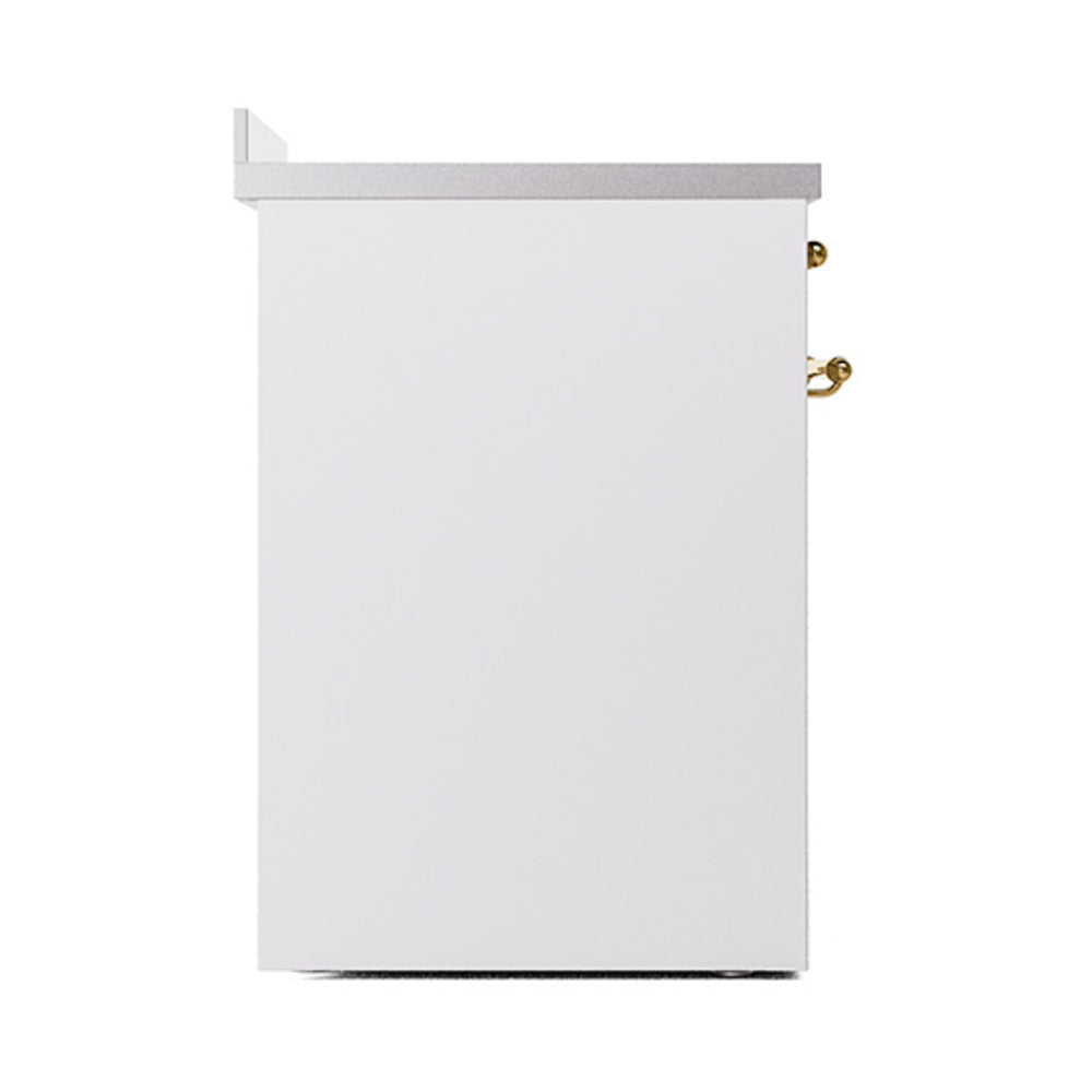 30-inch induction range solid oven door, white exterior with brass handle accents