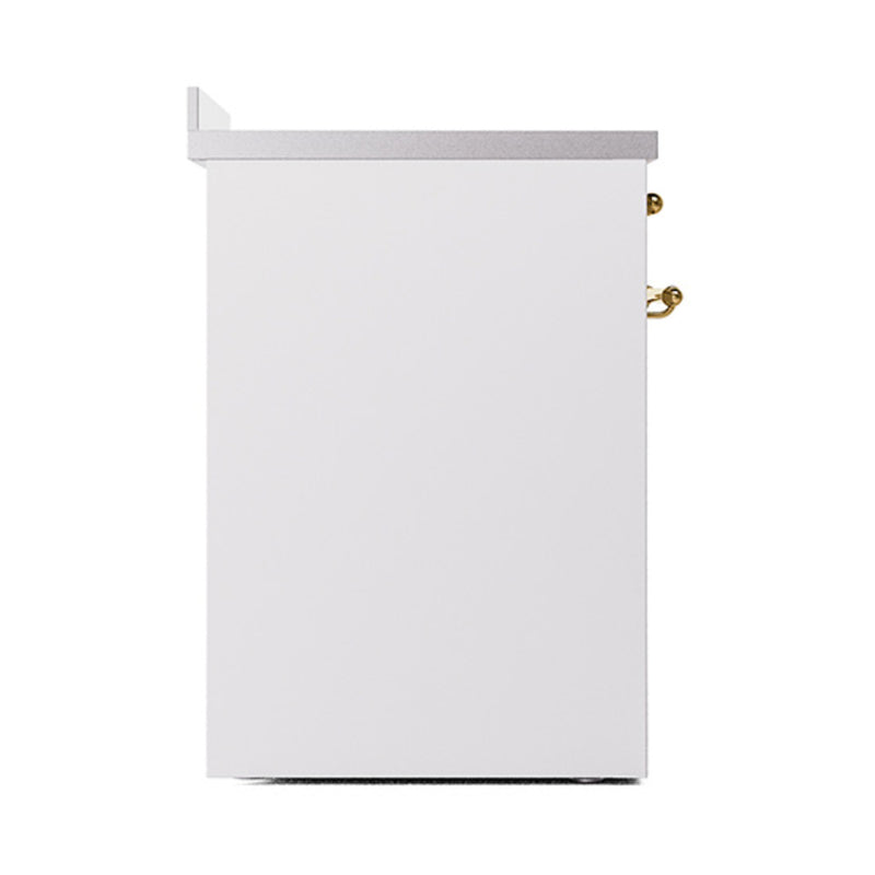 ILVE 30-Inch Nostalgie II Induction Range with Solid Door Oven in White with Brass Trim (UPI304QNMPWHG)