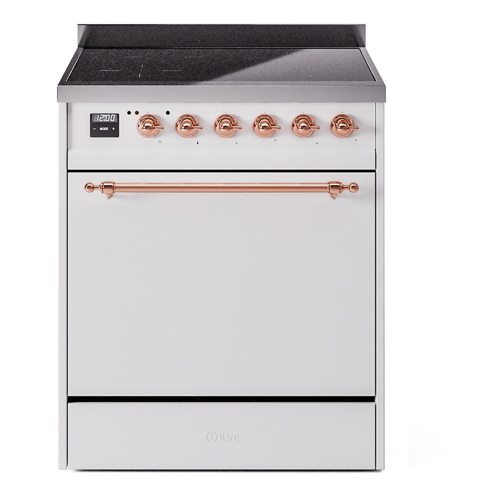 White induction range with copper control knobs and closed oven door.