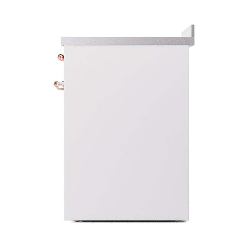 White induction range side view with copper trim accents and top rail.