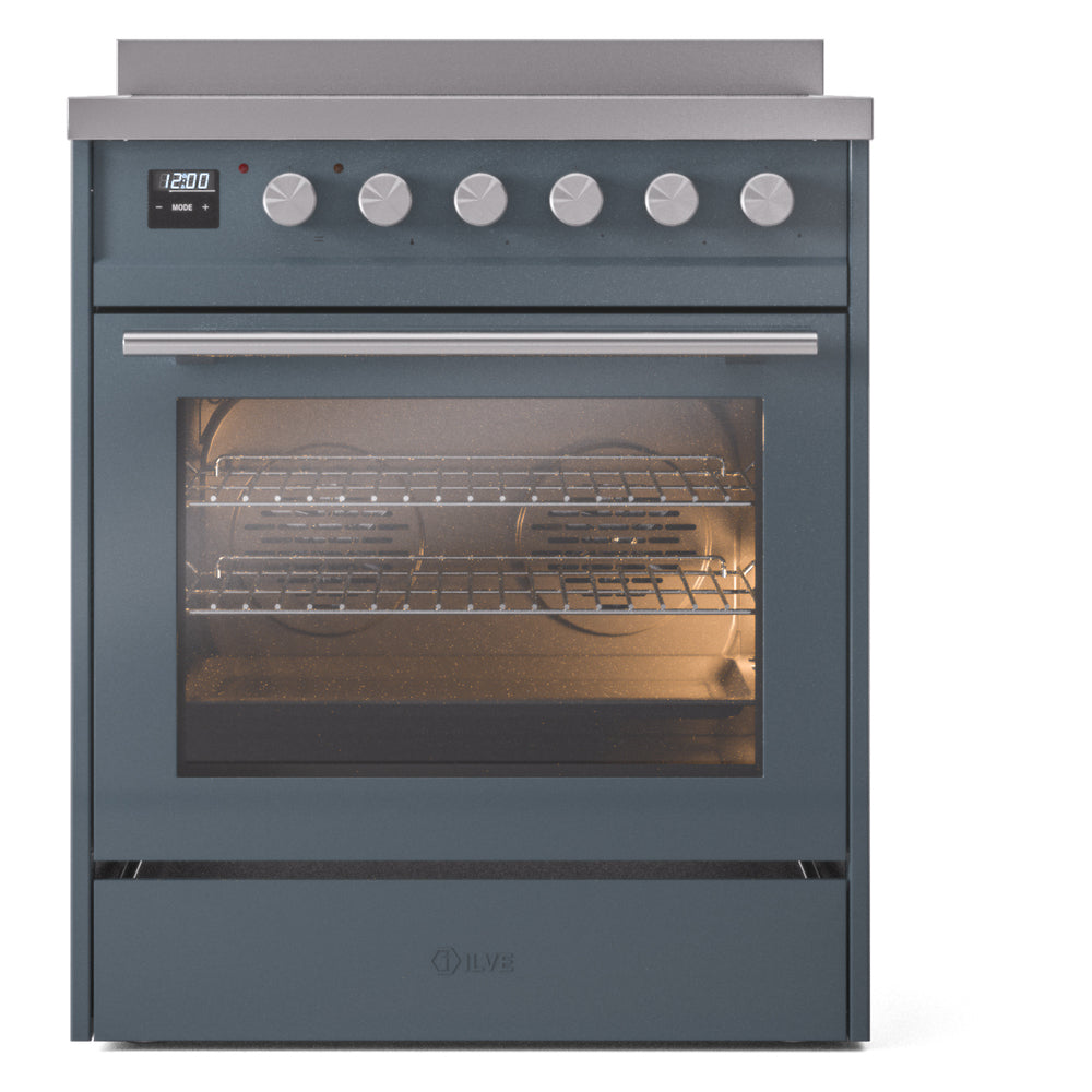Blue grey induction range with control panel knobs and closed oven door