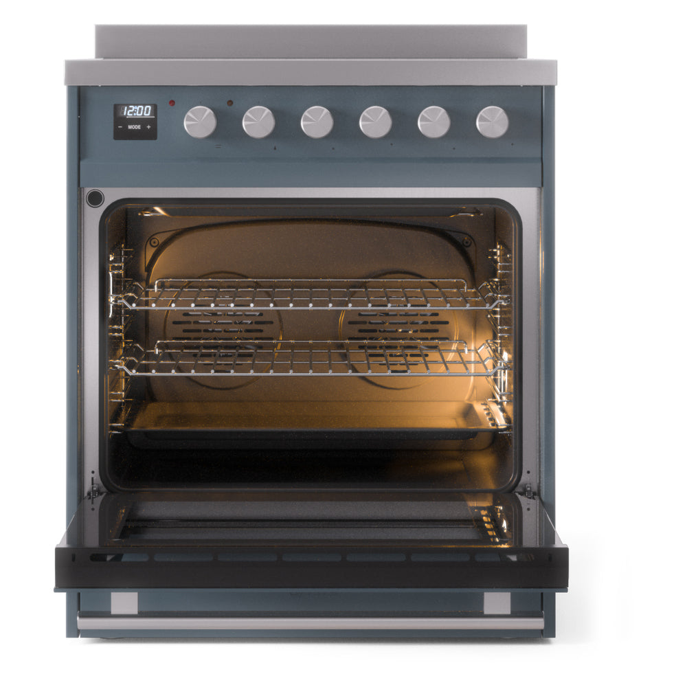 Blue grey induction range with oven door open, racks and interior light on