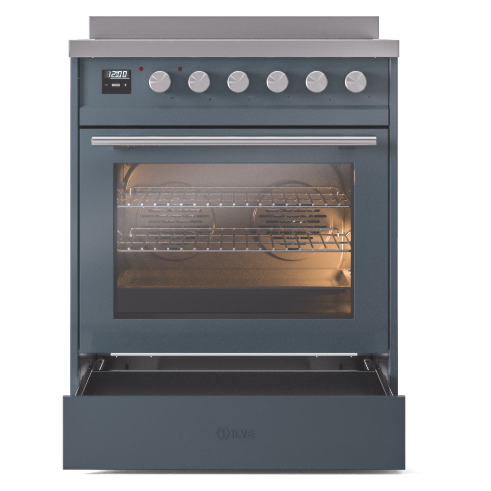 Blue grey induction range with oven door open and control knobs on back panel