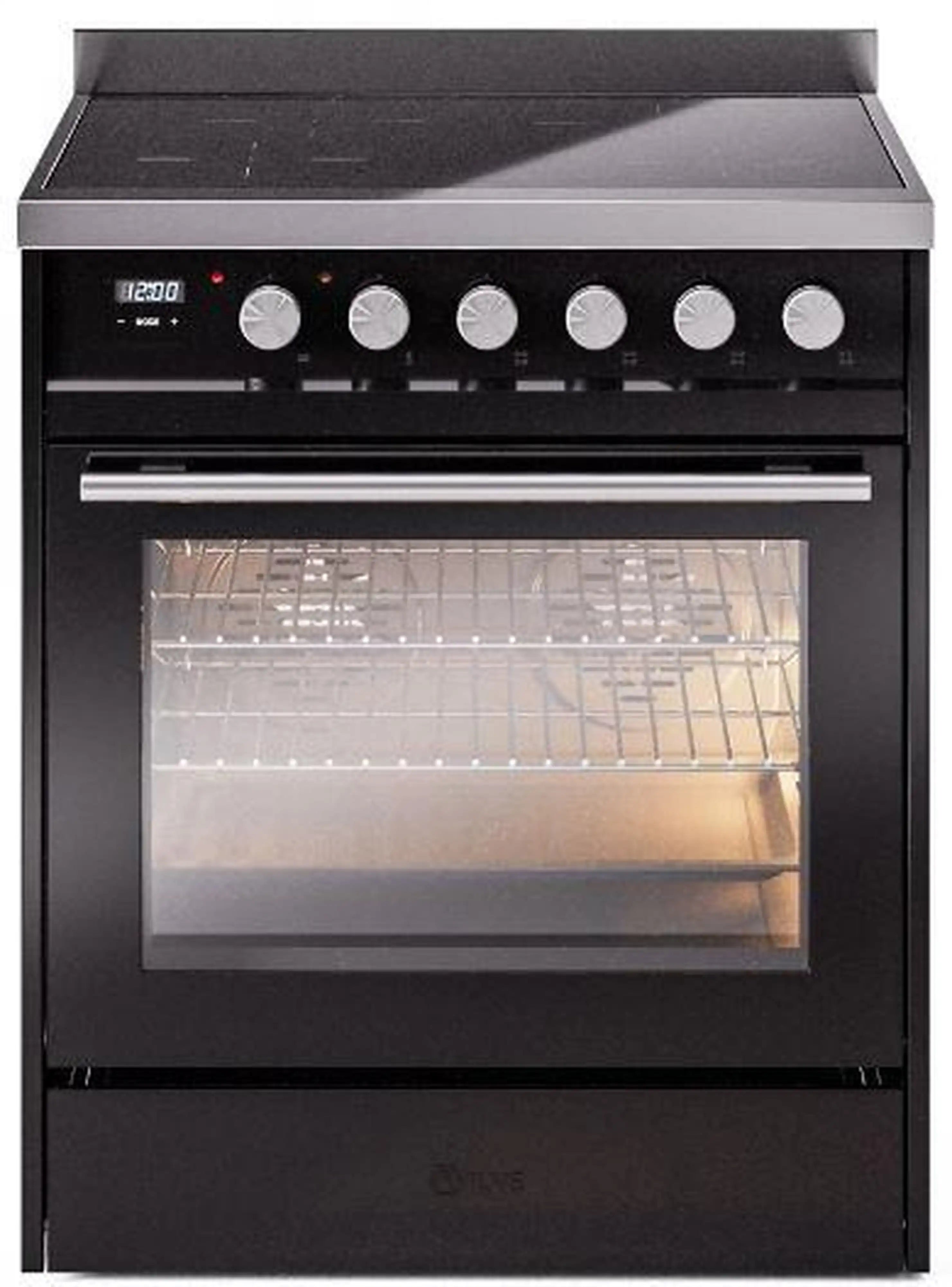 Black induction range with front control knobs and oven door window