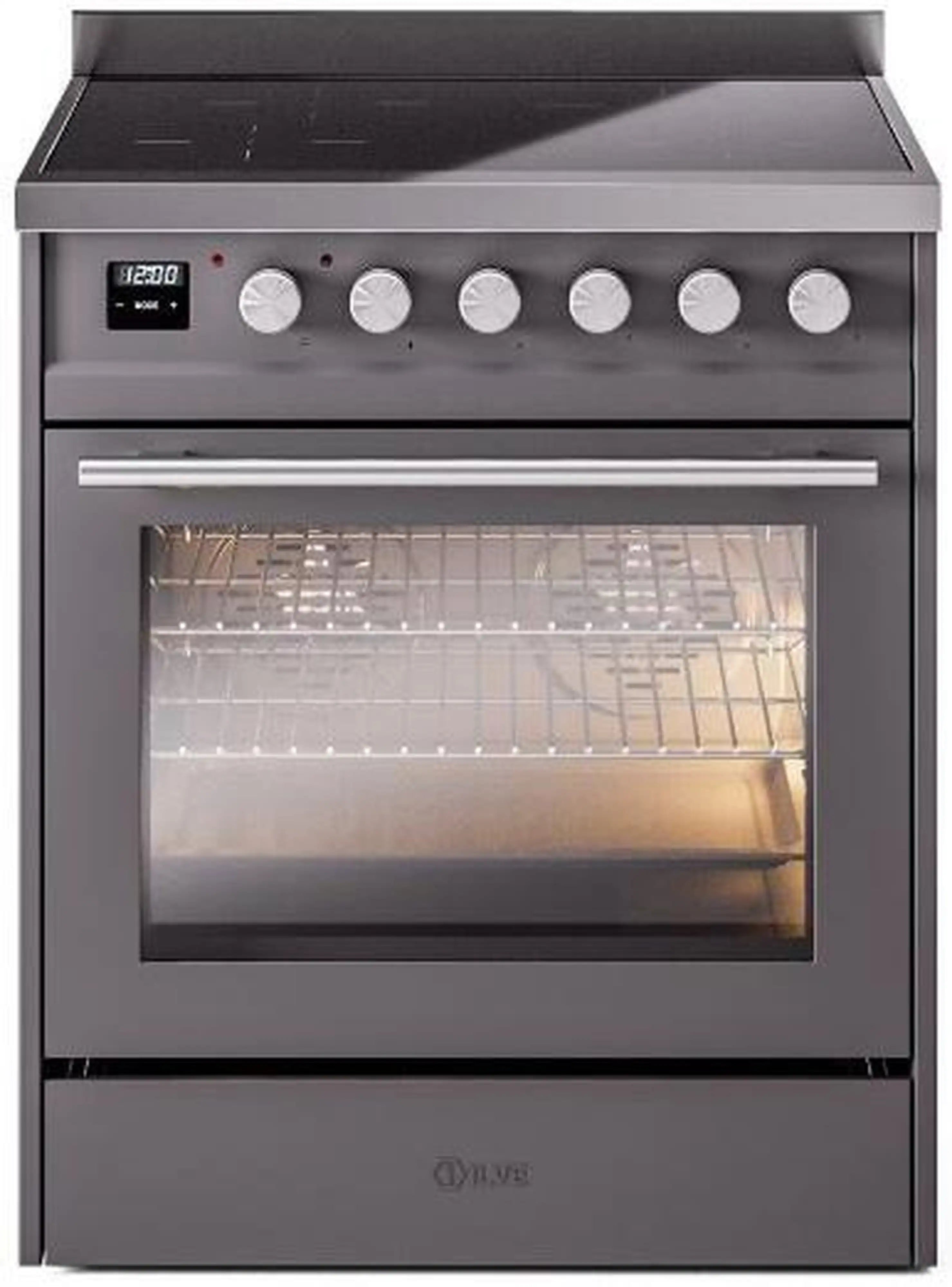 Matte graphite 30-inch induction range with open oven door and row of control knobs