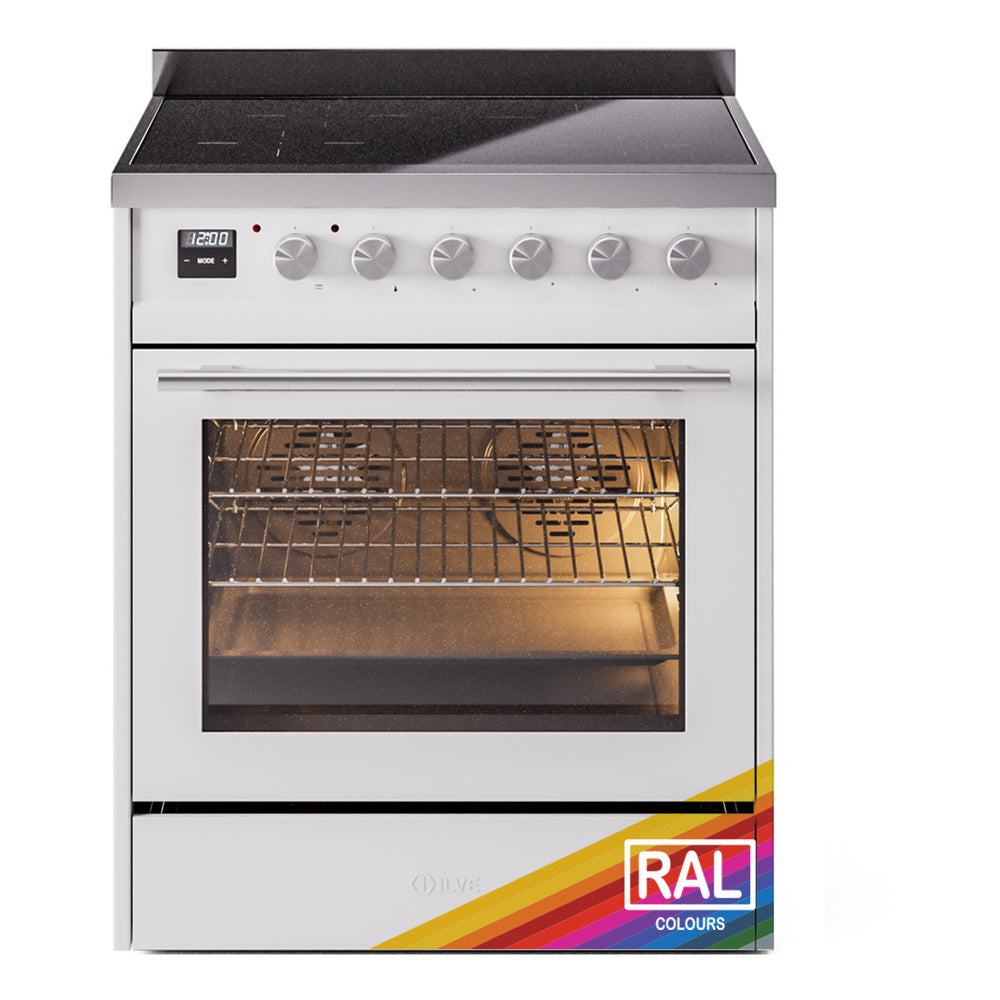 Stainless induction range with control panel and lit oven cavity; RAL label