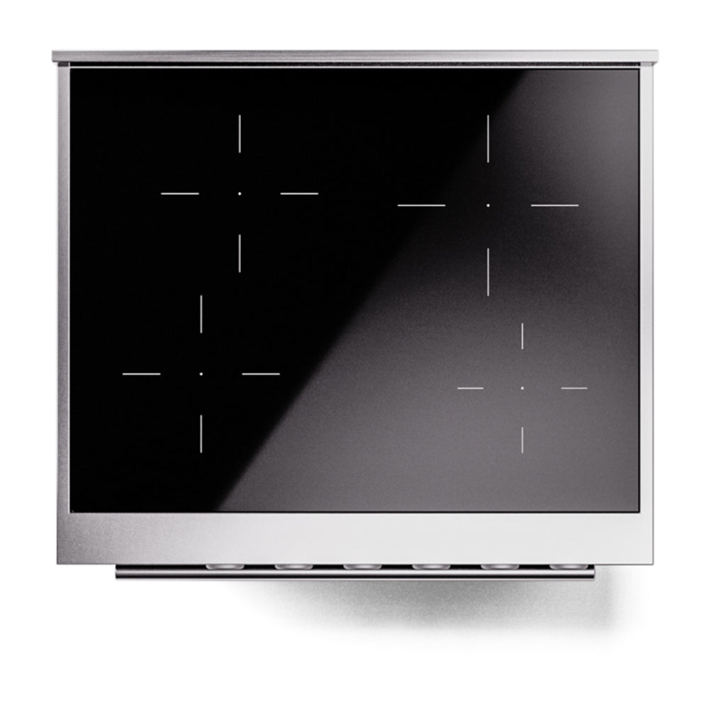 Induction range oven door with black glass panel and slim stainless handle