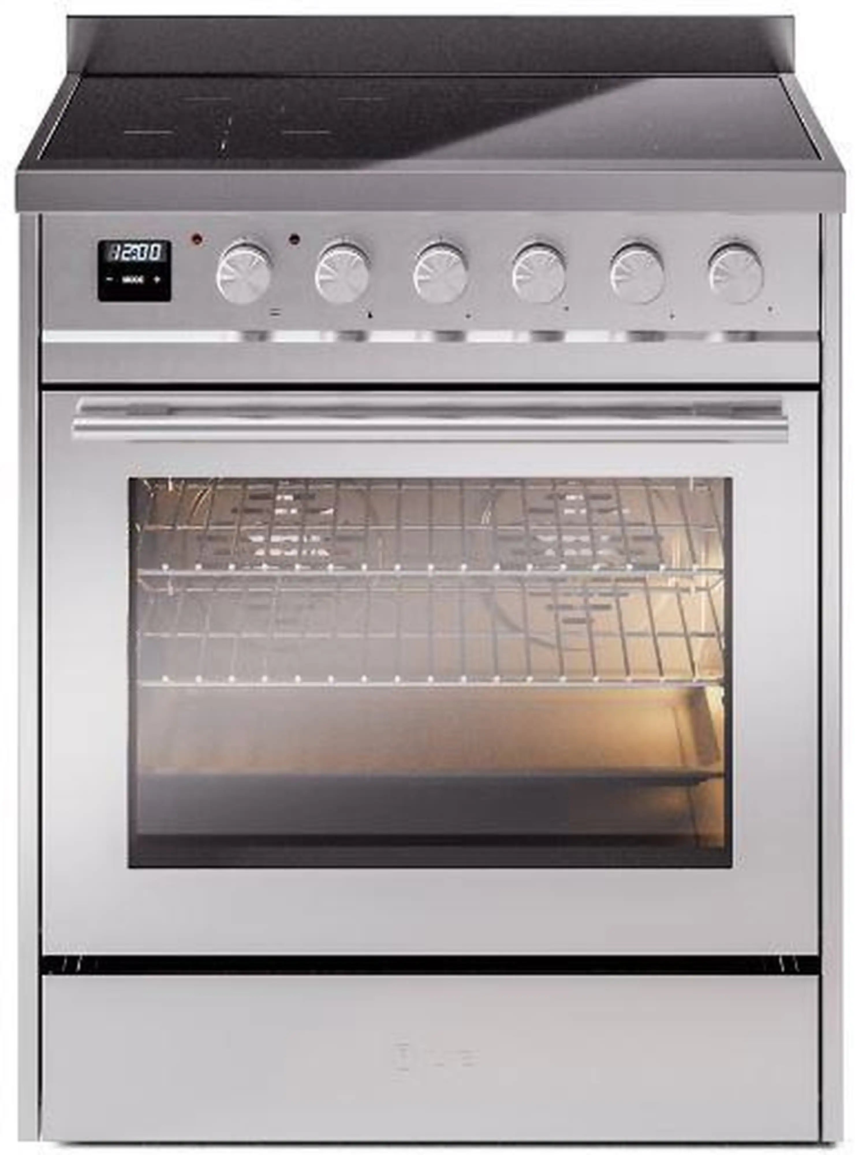 Stainless 30-inch induction range front view with closed oven door and burner controls