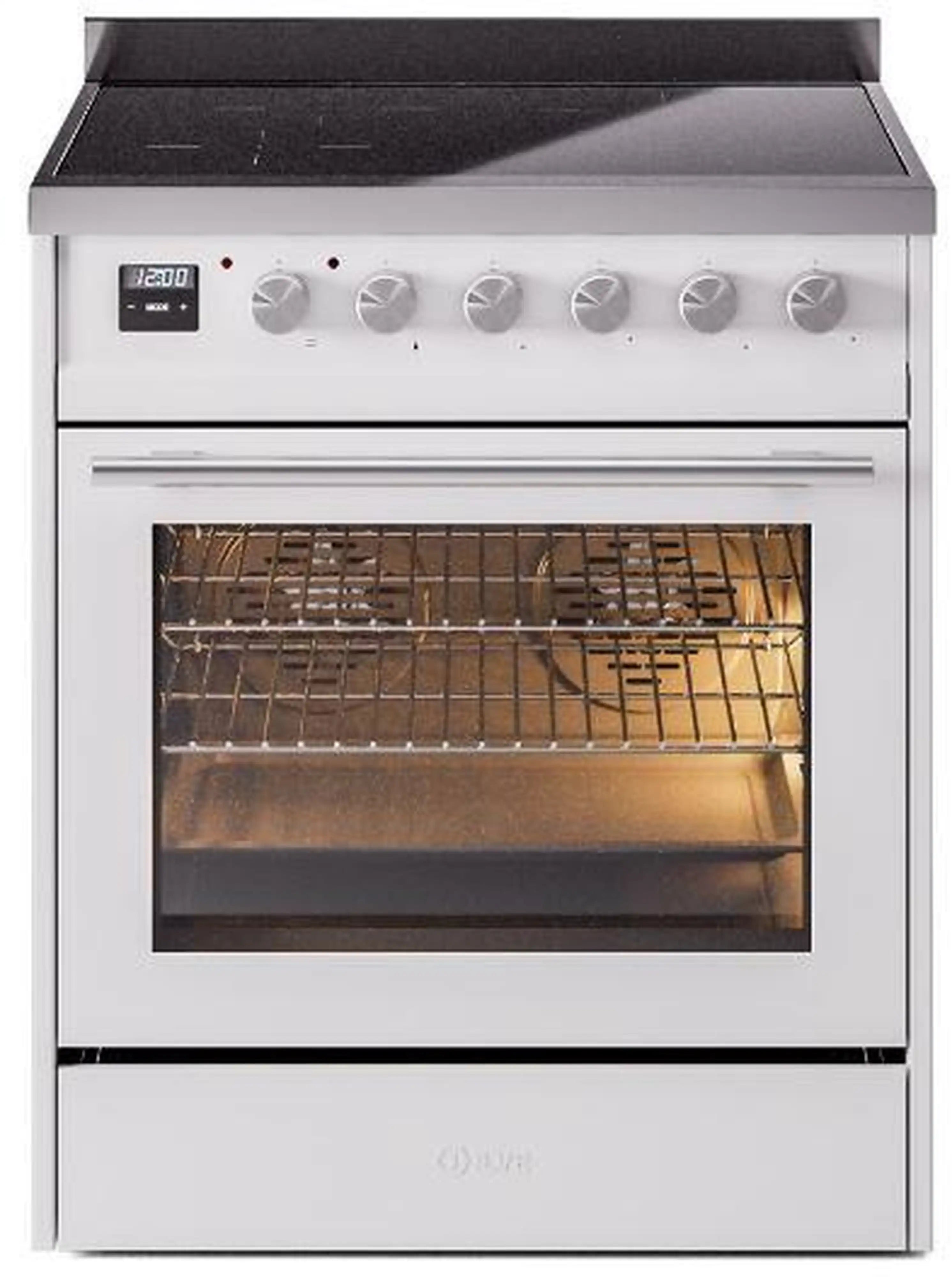 White induction range with open oven door, control knobs, and stainless trim